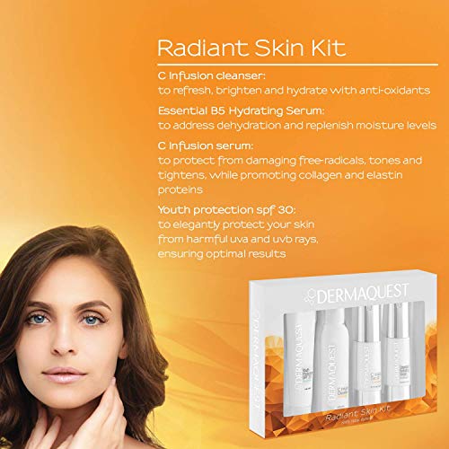 Dermaquest Radiant Skin Protective Anti Envelhecimento Kit Facial - Lavagem de Face Antioxidante, soro B5 Hyalurônico, soro de Vitamina C Retinol, Estreto Sol de Oxido de Zinco SPF50