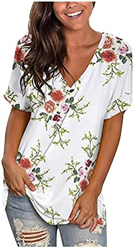 Weny Summer Tops para mulheres, mulheres estampas florais renda v pescoço camisa de manga curta casual boho tops