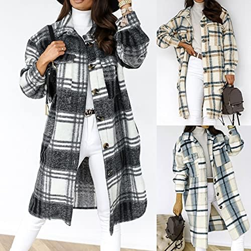 Jaqueta xadrez mulher casual casaco de lã outono botão aconchegante up jaquetas de manga cheia de manga cheia longa com bolso