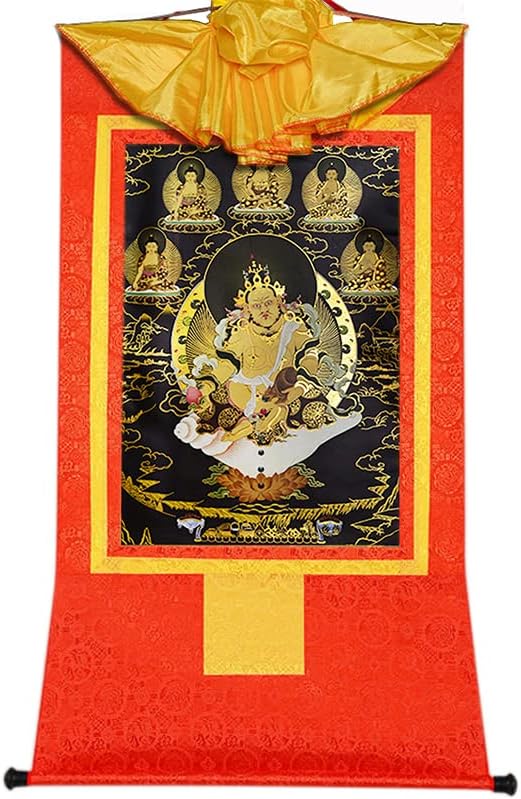 Jambhala amarela de Gandhanra, Dzambhala, Tibetana Thangka Pintura Arte, brocado budista Thangka, tapeçaria de Buda com pergaminho, tipo preto