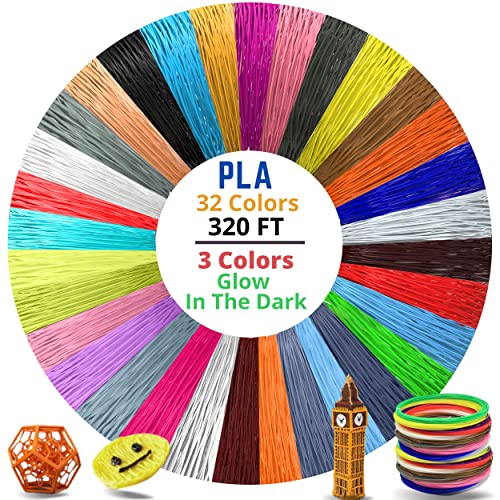 32 cores, 3 brilho no filamento escuro e longo 3D de caneta/impressora 320 pés, PLA premium, cada cor 10 pés, ebook incluído