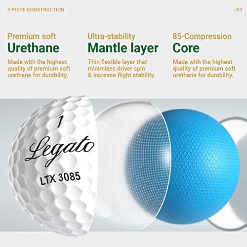Bolas de golfe Legato, LTX 3085 | Projetado para ajudar os golfistas a quebrar 90 | Distância maximizada com sensação mais suave | 3 peça | Tampa de uretano | 85 Compressão | Uma dúzia