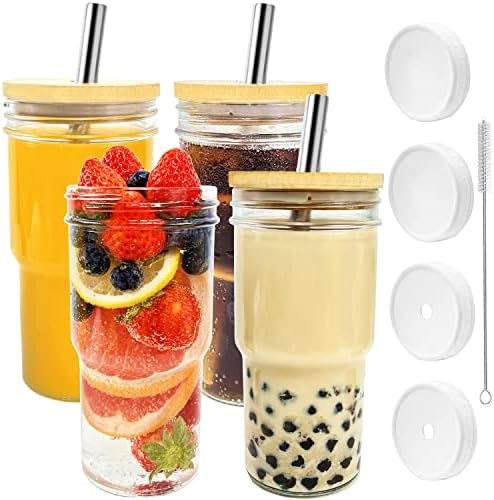 Bgheouyv 4 xícaras de vidro com tampas e canudos, xícaras de café geladas de 22 onças com tampas de bambu, copo de