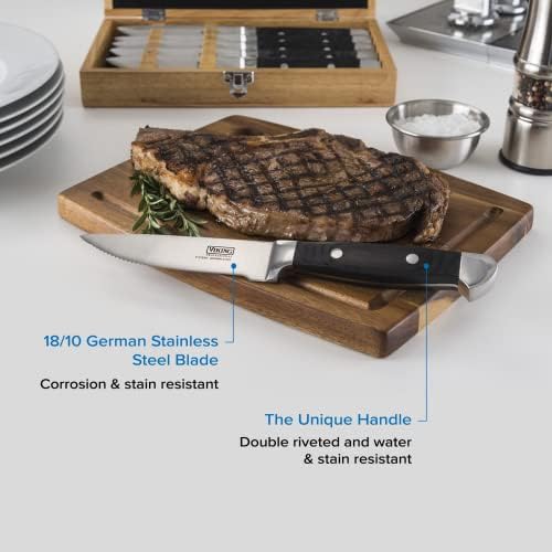 Viking Culinário alemão Aço inoxidável Pakkawood Faca de faca, 6 peças | Inclui caixa de presente de madeira | Somente lavagem à mão | Alças resistentes à água e manchas | Preto