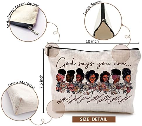 Deus aievfu diz que você é bolsa de maquiagem cristã, mochila de maquiagem cosmética afro -americana para garotas cristãs irmãs, garotas pretas Bolsas cosméticas Presente inspirador