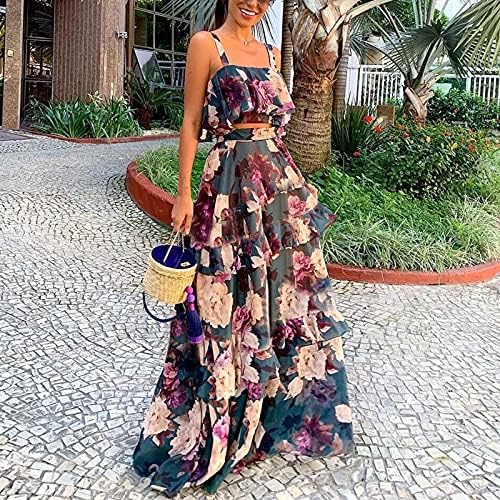 Mulheres Floral Maxi Dress e Cami Tank Tops 2pc Conjunto sexy de festas de casamento sexy sling vestido de babados com camadas longas