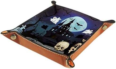 Bandeja de manobrista de couro, bandeja de dados suporte quadrado dobrável, placa organizadora de cômoda para trocar a chave da moeda, Halloween Moon Skull Pumpkin