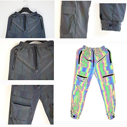 Calças refletivas de arco -íris masculinas de Yuandiann, calças de dança de boates da festa do hip hop, calças de ciclismo esportivo noturno de rua de corrida de rua