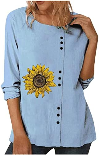 Camisa de girassol para mulheres casuais botão de pescoço de linho de algodão túnica tops soltos de manga longa casual blusa de cor