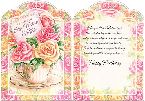 Greetes de grife rosa, laranja e amarelo Flores em xícara de chá Die Cut Tri Fold Birthday Card para madrasta