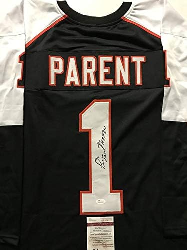Autografado/assinado Bernie Parent Hof 84 Philadelphia Black Hockey Jersey JSA COA
