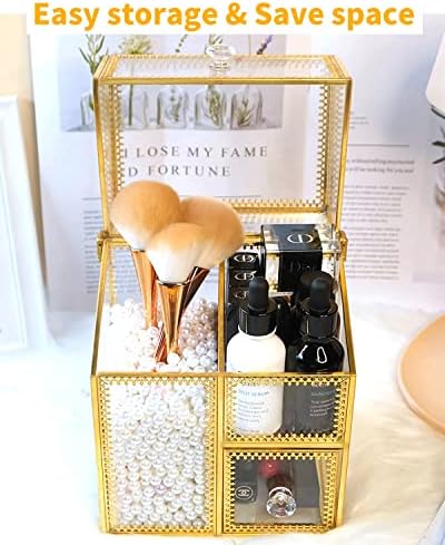 Organizador de maquiagem de vidro de Langbohos para o organizador de maquiagem de ouro livre de pó da vaidade vintage Small Cosmetic Storage Display e porta -escova com cobertura