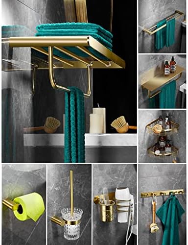 Conjunto de hardware do banheiro dourado escovado, espelho de beleza dobrável de ouro em aço inoxidável, escova de vaso sanitário, rack de papel, rack de secador de cabelo, banheiro de gancho de linha