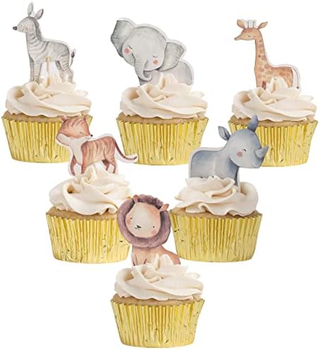 24 Toppers de cupcakes de chá de bebê Safari e 48 revestimentos | Cupcakes da selva | Decorações de aniversário Safari para menino | Decorações do chá de bebê da selva