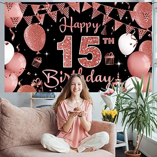 Banner de pano de fundo de 15º aniversário, Feliz 15º aniversário decorações para meninas, Black Rose Gold 15 Birthday Party Photo