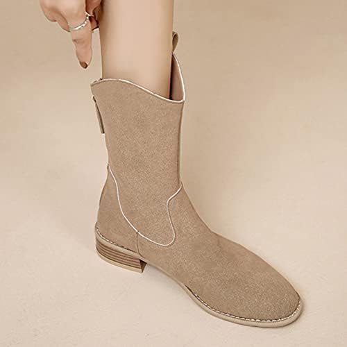 Mulheres Knee High Boots com saltos de calcanha larga A outono da moda e inverno mulheres botas de bezerro médio calcaço de calcanhar redondo de pé sólido com zíper confortável e casual Botas de chuva de cowboy de borracha para mulheres