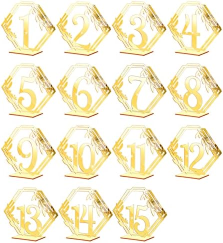 Lizhoumil 15pcs Mesa de casamento Números 1-15 Gold acrílico claro Número hexagonal Card Números de tabela Stands com base Base elegante espelho-espelho Sinais de número de tabela para banquetes de catering para festas de casamento banquetes