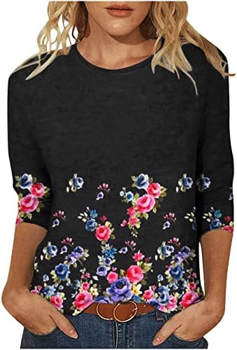 Camiseta feminina 2023 3/4 de luva de boto algodão gráfico floral Floral Gift Gift Brunch Top Top Top para mulheres U7