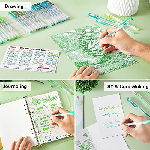 Arte do traslado 60 Pack Green Tone Gel Canelas, 30 canetas de gel de tom verde com 30 recargas para adultos Livros para colorir Livros