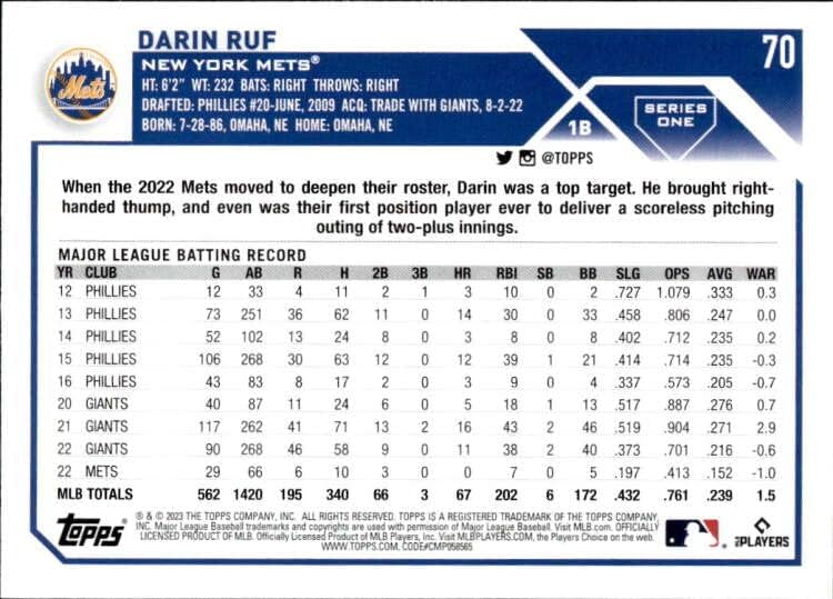 2023 Topps #70 Darin ruf nm-mt Mets