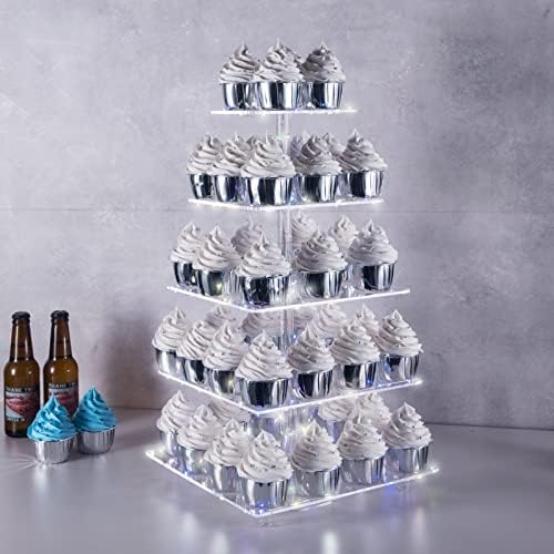 Stand de cupcakes olachikko, porta de cupcake quadrada de 5 camadas com corda leve LED, torre de cupcake de acrílico Display Display Tower-Pastry Stand-Cupcake Stand para casamento, festa de aniversário…