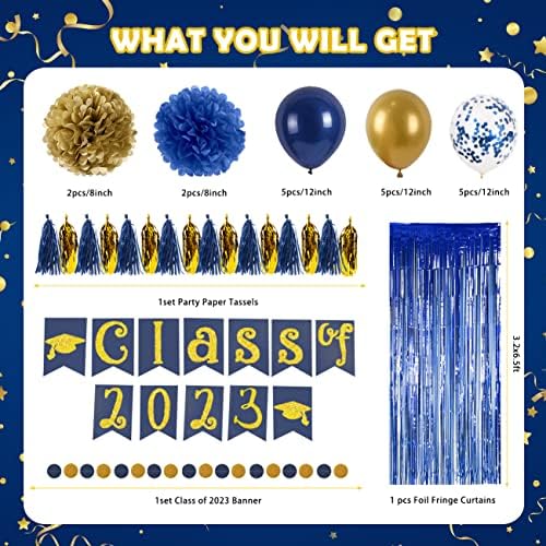 Decorações de festa de graduação 2023-azul-azul e ouro de 2023 Pompoms de papel de banner, parabéns, pano de pano de