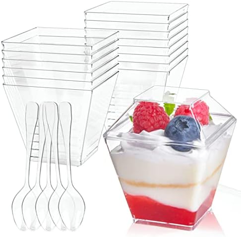 100 pacote de 2 onças de mini xícaras de sobremesa com tampas e colheres - copos de aperitivos quadrados de plástico