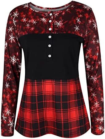 Mulheres de Natal Plaid impresso de botão redondo do pescoço de manga comprida Tops blusa de camisa de tops fêmeas