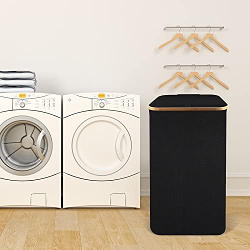 Grande cesta de lavanderia com tampa - 100L de roupas sujas para roupas com lavanderia removível e alças de bambu, cesta de lavanderia