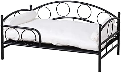 Couch de cama de estimação, cama de cachorro com moldura de metal preto e almofada espessa branca e isolada para verão de cão médio usando