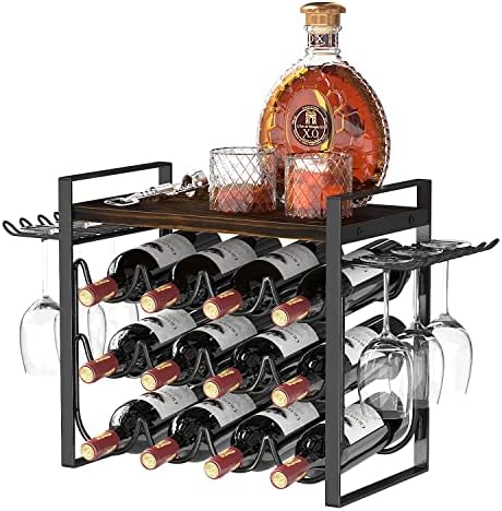 Cack de vinho Jafusi com porta de vidro, moldura de metal de bancada de bancada, suporte de vinho com bandeja de madeira, garrafas para decoração de casa armazenamento de cozinha
