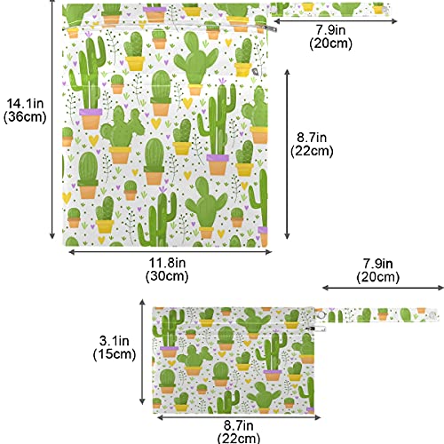 VISESUNNY CACTUS verde Coração 2pcs bolsa molhada com bolsos com zíper bolsa de fraldas lagartas laváveis ​​para