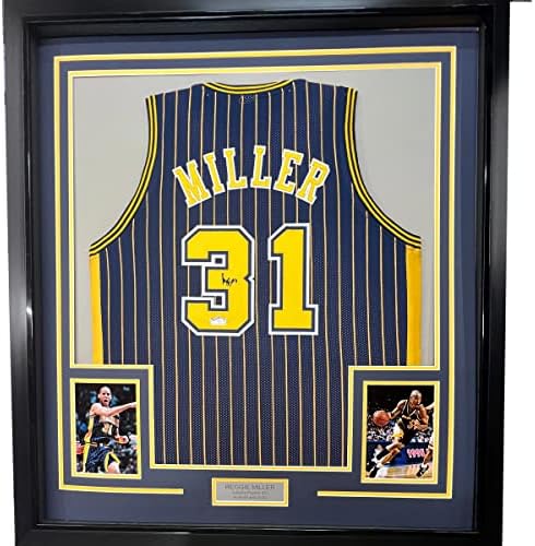Fac -símile emoldurado Reggie Miller 33x42 Indiana Blue Pinstripe Reimpressão Laser Jersey de basquete automático