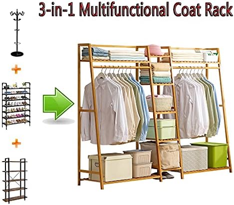 Roupas de bambu yyhj pendurando rack de serviço pesado, roupas multifuncionais em pé, plataforma de vestuário portátil para organizador de roupa, para casa, sala de estar, quarto