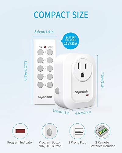 Interruptor de luz sem fio de controle remoto de Syantek para aparelhos domésticos, kit de chave de luz remota expansível, até 100 pés de linha, certificado pela FCC, ETL listado, branco