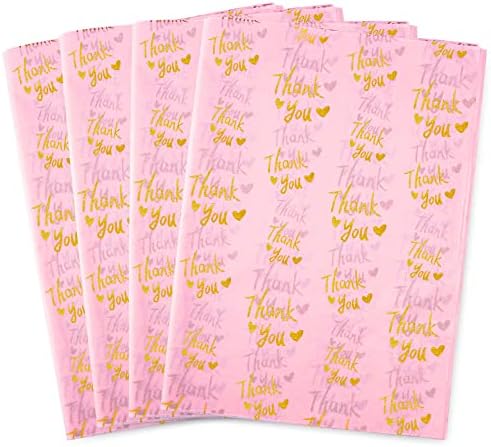 Sr. Five 100 Sheets Pink com ouro Agradeço a lenço de lenços de papel, 20 x 14, rosa agradecimento papel de papel por embalagens, sacolas de presente, agradecimento por casamentos, graduação, aniversário, Dia de Ação de Graças, Dia das Mães
