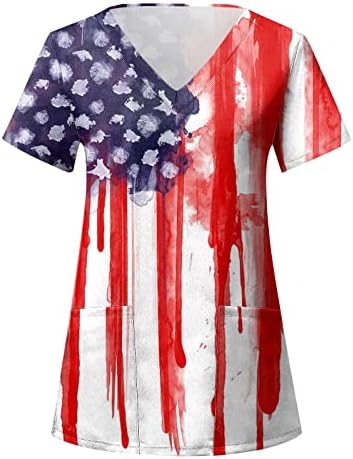 4 de julho camiseta camiseta para mulheres bandeira americana de verão camisetas de decote em V curto com 2 bolsos