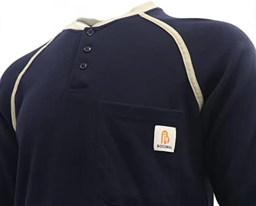 Camisas Bocomal FR para homens camisas resistentes à chama NFPA2112/CAT2 7,1oz de manga longa de manga comprida Henley Shirts