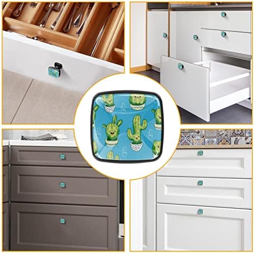 4 peças Cabinete botões verdes cactos fofos padrões azuis puxadores para armário de banheiro de armário de cozinha cômoda