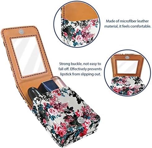 Caixa de batom Oryuekan com espelho bolsa de maquiagem portátil de espelho, bolsa cosmética, flor vermelha pastoreável vintage