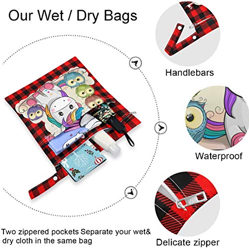 VISESUNNY Unicorn Funny Owl Black Red Red Stripes 2pcs bolsa molhada com bolsos com zíper lavandable reutilizável para viajar,