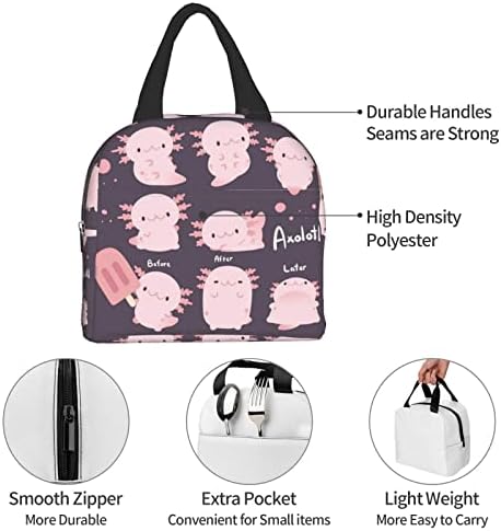 Lancheiras axolotl, sacola de lancheira isolada, lancheira reutilizável para adultos e mochila para piquenique para adultos e crianças