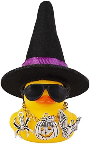 Ornamentos de pato de borracha de carros mumyer decorações de painel de pato de halloween com mini -chapéu de bruxa Óculos de sol Colar acessórios de halloween para presentes com temas de halloween