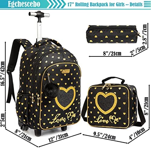 Egchescebo Kids Love Heart Rolling Mackpack For Girls Móias Backpacks com Roleiro Backpack On Wheels With Wheel