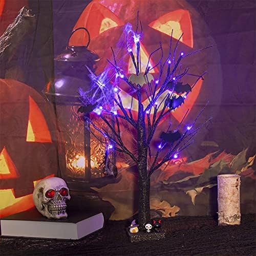 Peiduo 2 pés Black Halloween Tree com 24 luzes roxas e 8 ornamentos de árvore de halloween de morcegos iluminam a árvore dos bonsai com timer para decorações de Halloween