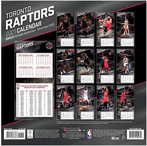 Turner Sports Toronto Raptors 2021 12x12 Calendário de parede da equipe