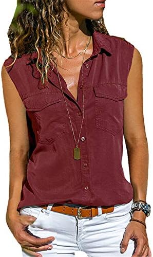 Andongnywell Women's Solid Color Casual Botões de lapela camisa camisa de bolso Use botões de verão Blusa do cardigan