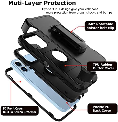 Takfox Compatível para iPhone 14 Case, para iPhone 14 Belt Clip Holster Phone Case com [protetor de tela integrado] Proteção de kickstand Proteção Robagem de imposto pesado à prova de choque 6.1 2022-Black/Black