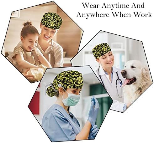 Lorvies Medical Caps for Women With Buttons Long Hair, Baice de trabalho ajustável de 2 peças, camuflagem verde