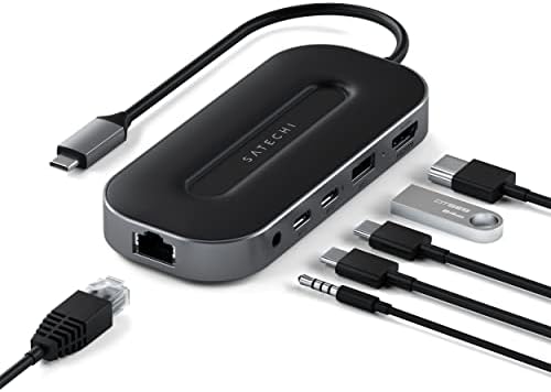 Satechi USB4 6-in-1 Adaptador multitor-carregamento USB-C PD, 8K HDMI, Porta de dados USB-A e USB-C, conector de áudio de 3,5 mm, porta Ethernet-para M2/ M1 MacBook Pro/ Air, M2/ M1 iPad Pro/Air, M2 Mac mini, iMac M1